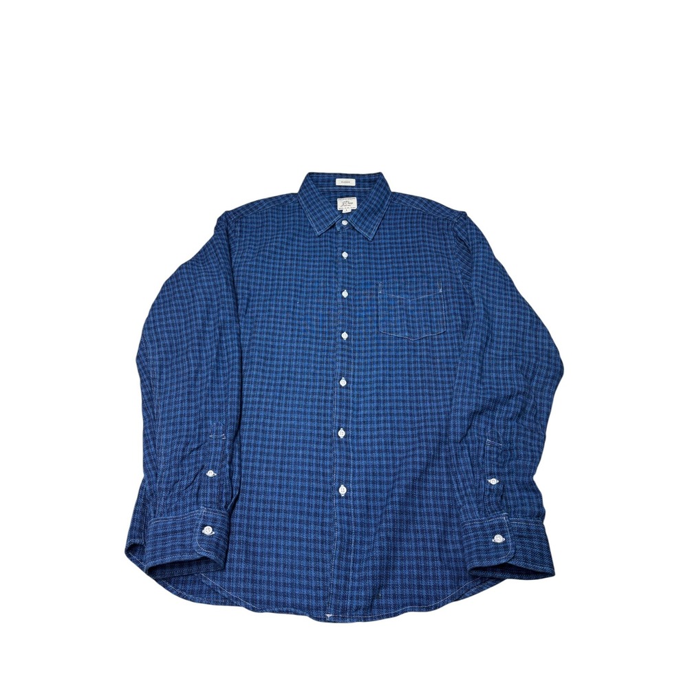 J.Crew Mens‎ Classic Fit Indigo Houndstooth Cotton Button Down Shirt Blue Large